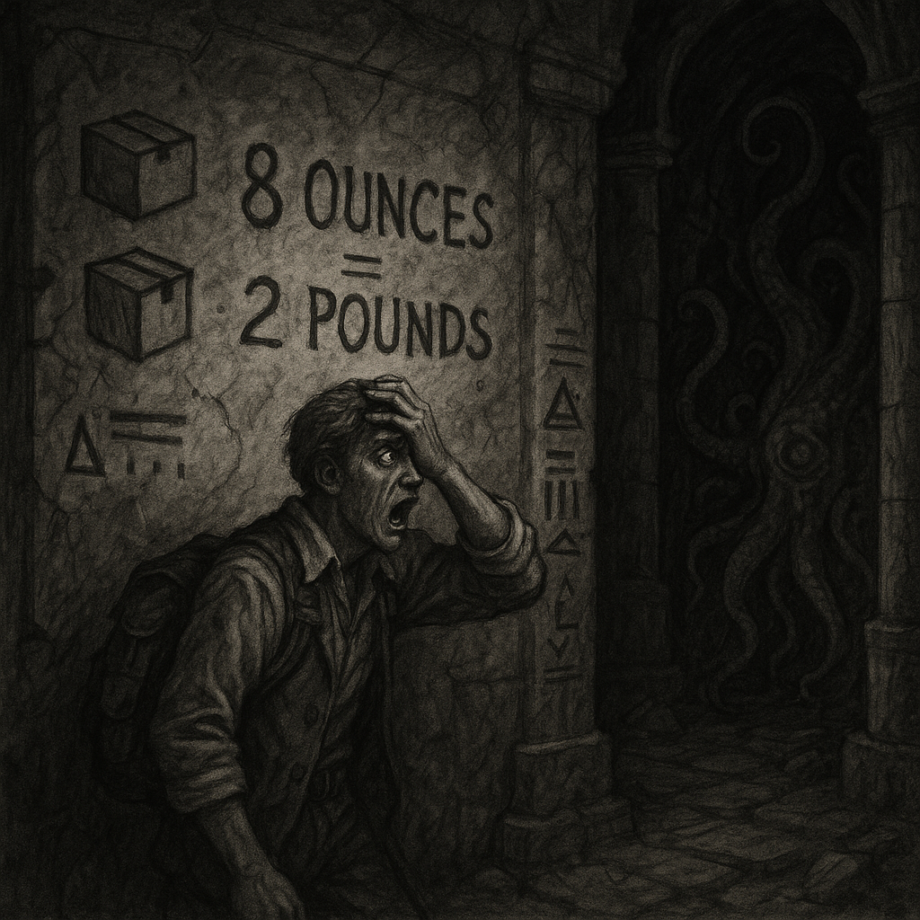 An explorer going mad from the revelation that with dimensional weight, 8 ounces can equal 2 pounds (ChatGPT-generated illustration)