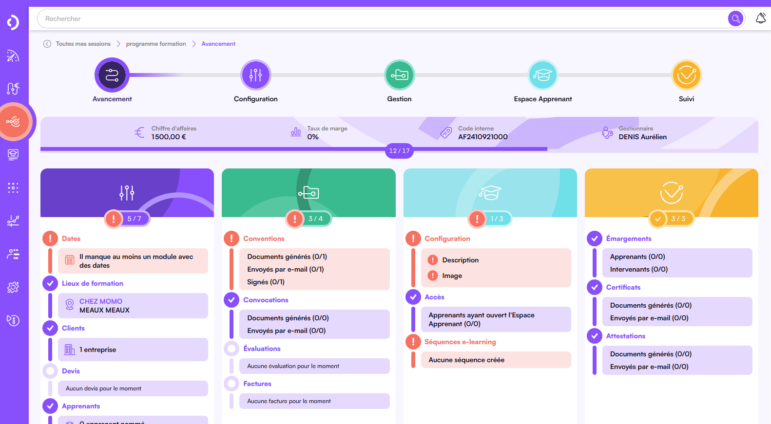 Tableau de bord formation Digiforma