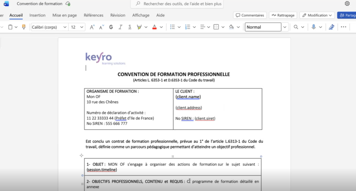 Trame convention de formation Keyro