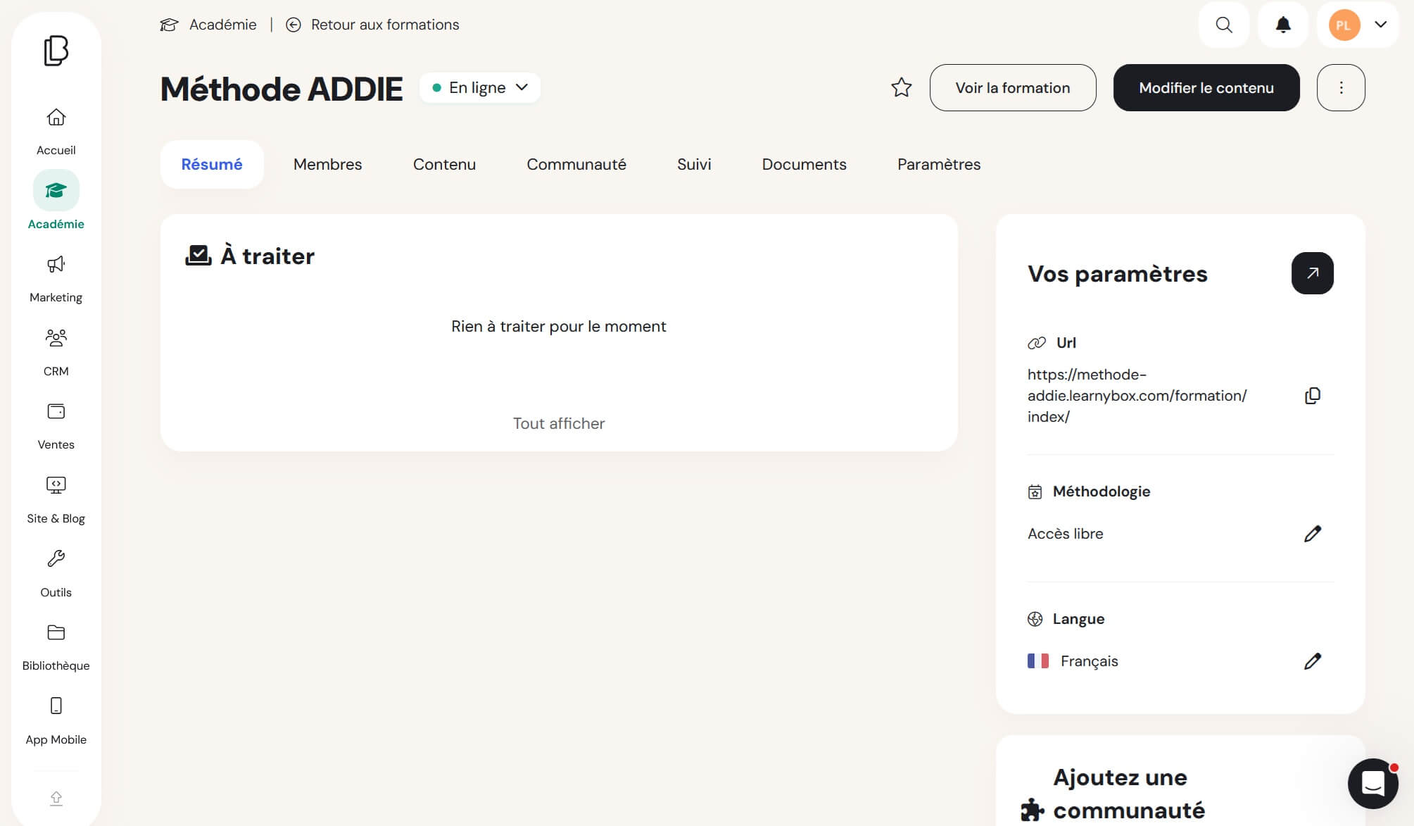 Tableau de bord formation Learnybox