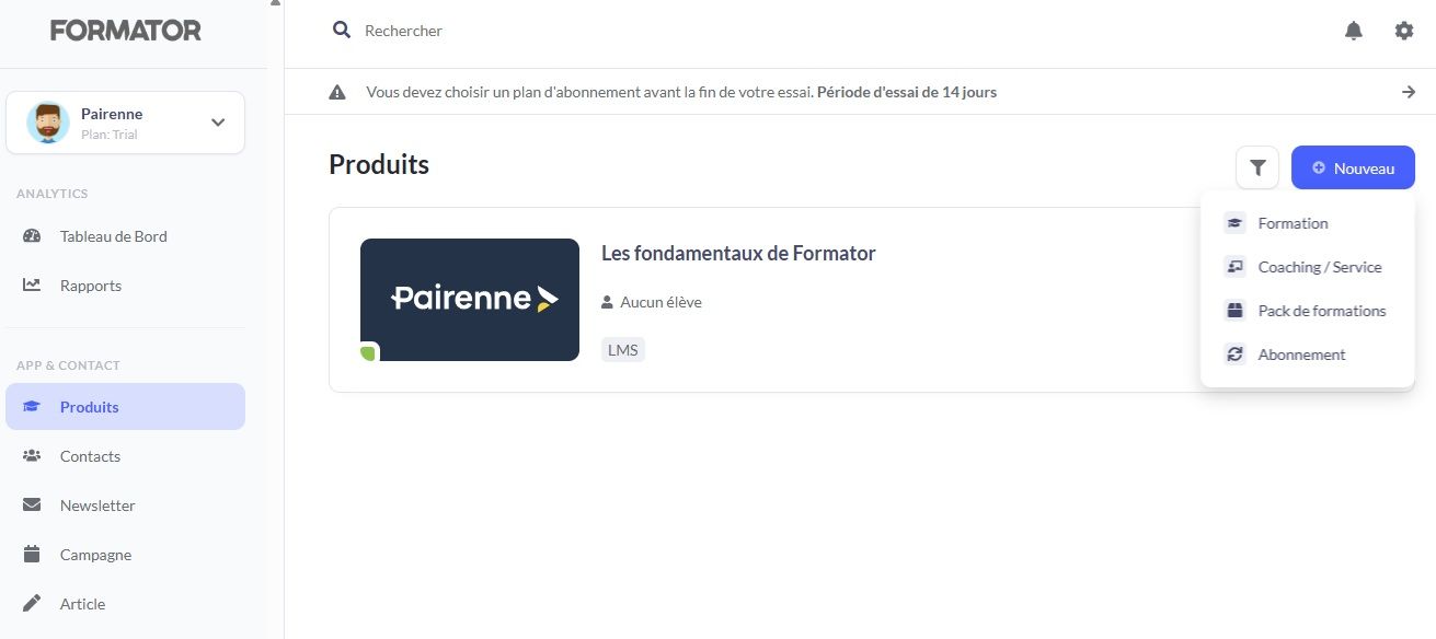 Onglet produits Formator