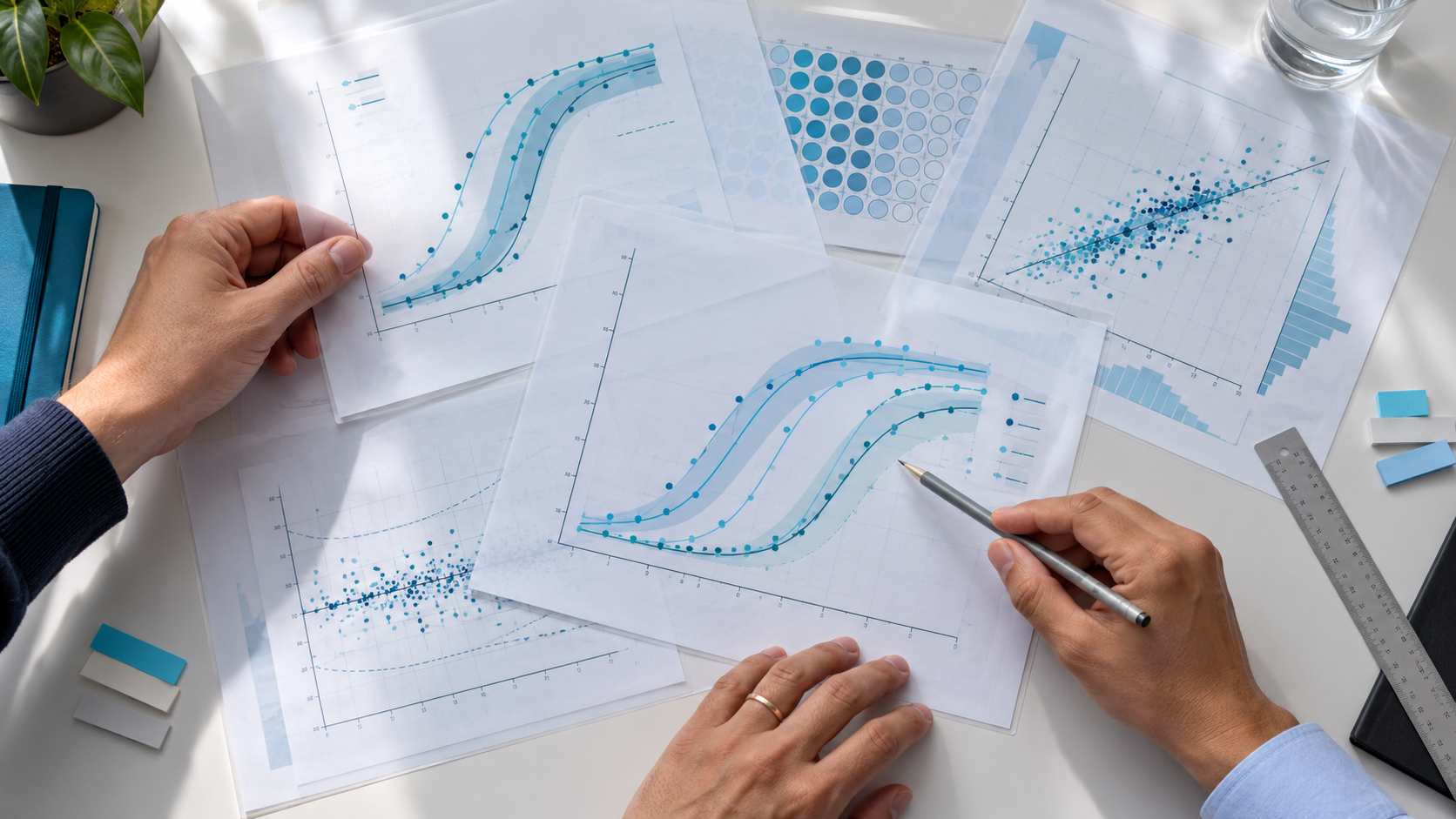 AI-generated image of hands reviewing printed data charts and scatter plots on a desk, with one person pointing to a graph with a pen.