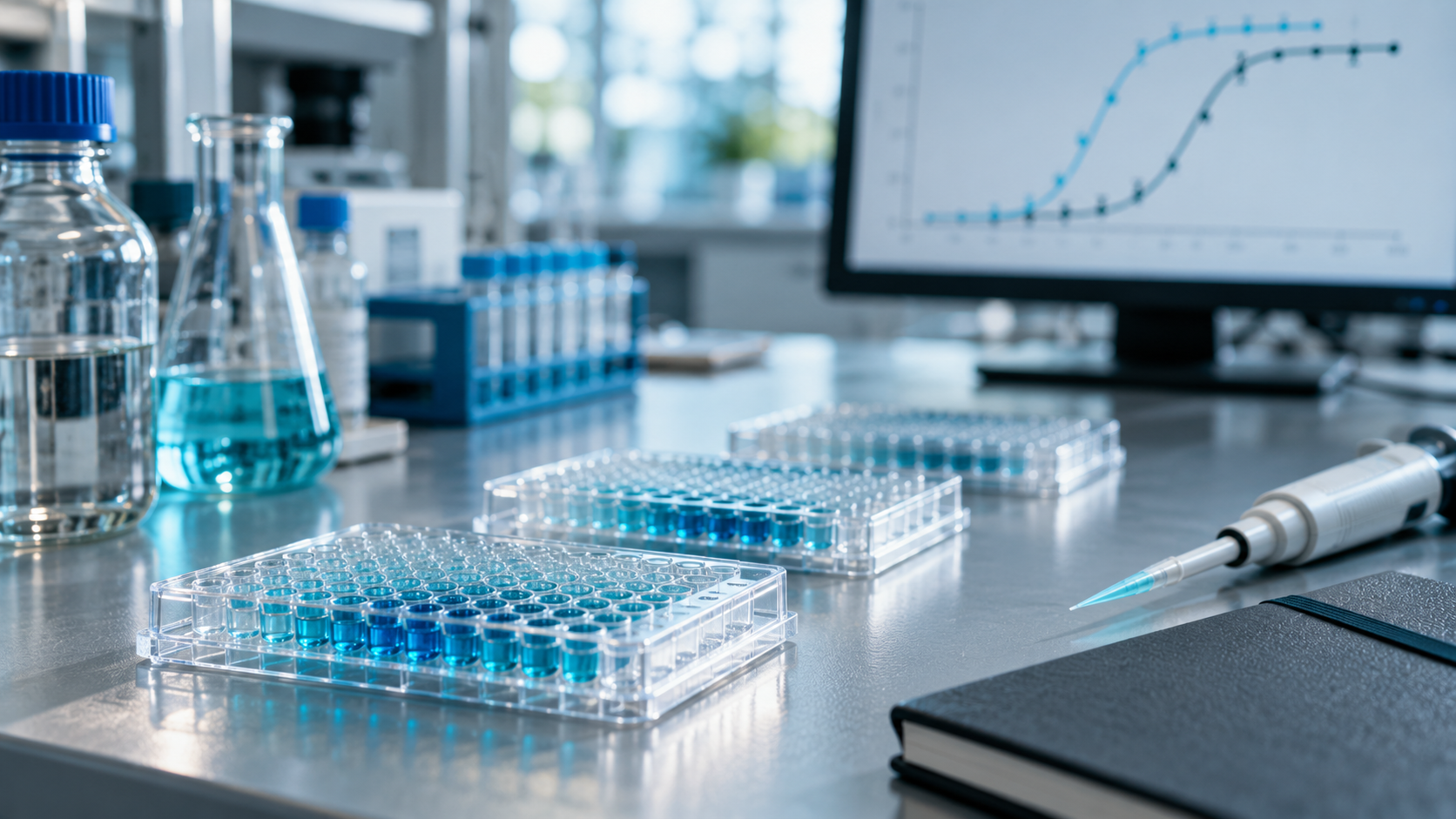 AI-generated laboratory scene with microplates containing blue liquid, glassware, a pipette, and a monitor displaying growth curves.