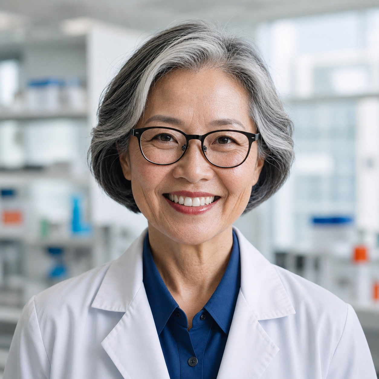 Smiling woman in lab coat and glasses standing in a bright, modern laboratory setting.