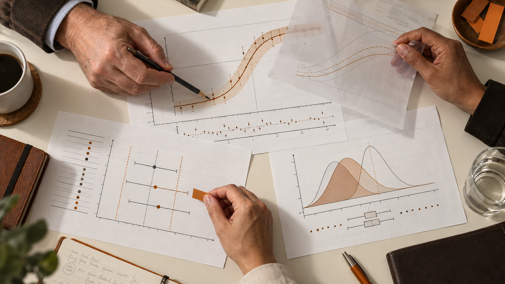 AI-generated image of three people reviewing printed statistical charts and graphs on a desk, pointing to data with pens and markers.