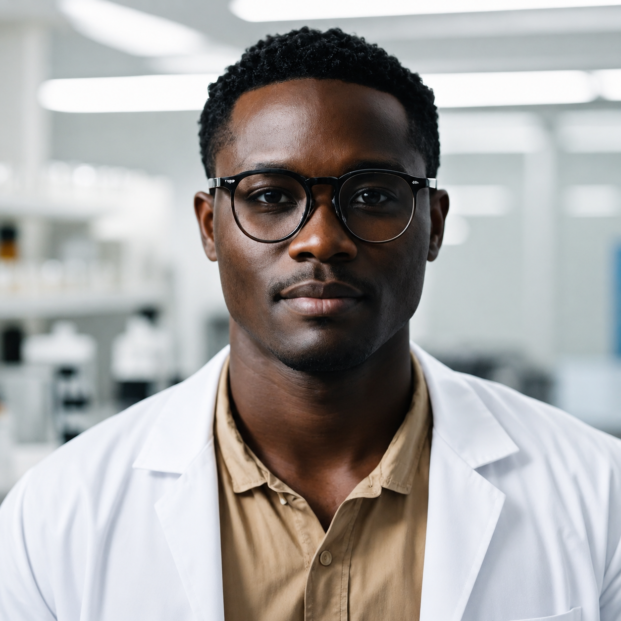 Man in glasses and lab coat standing in a modern laboratory with shelves and equipment behind him.