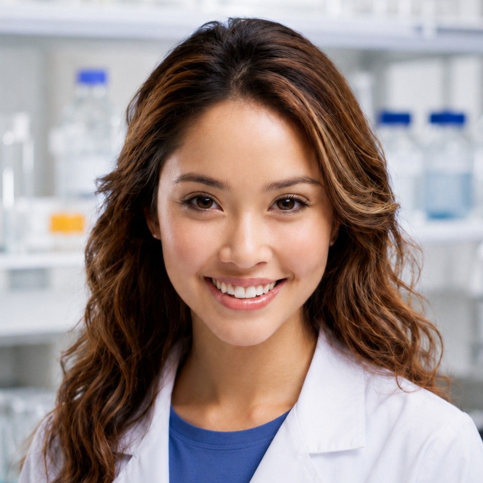 Smiling woman in a lab coat with test tubes and flasks blurred in the background.