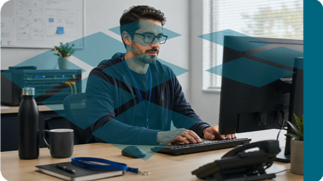 Man wearing glasses at a computer, showing code, colleague sitting opposite him.