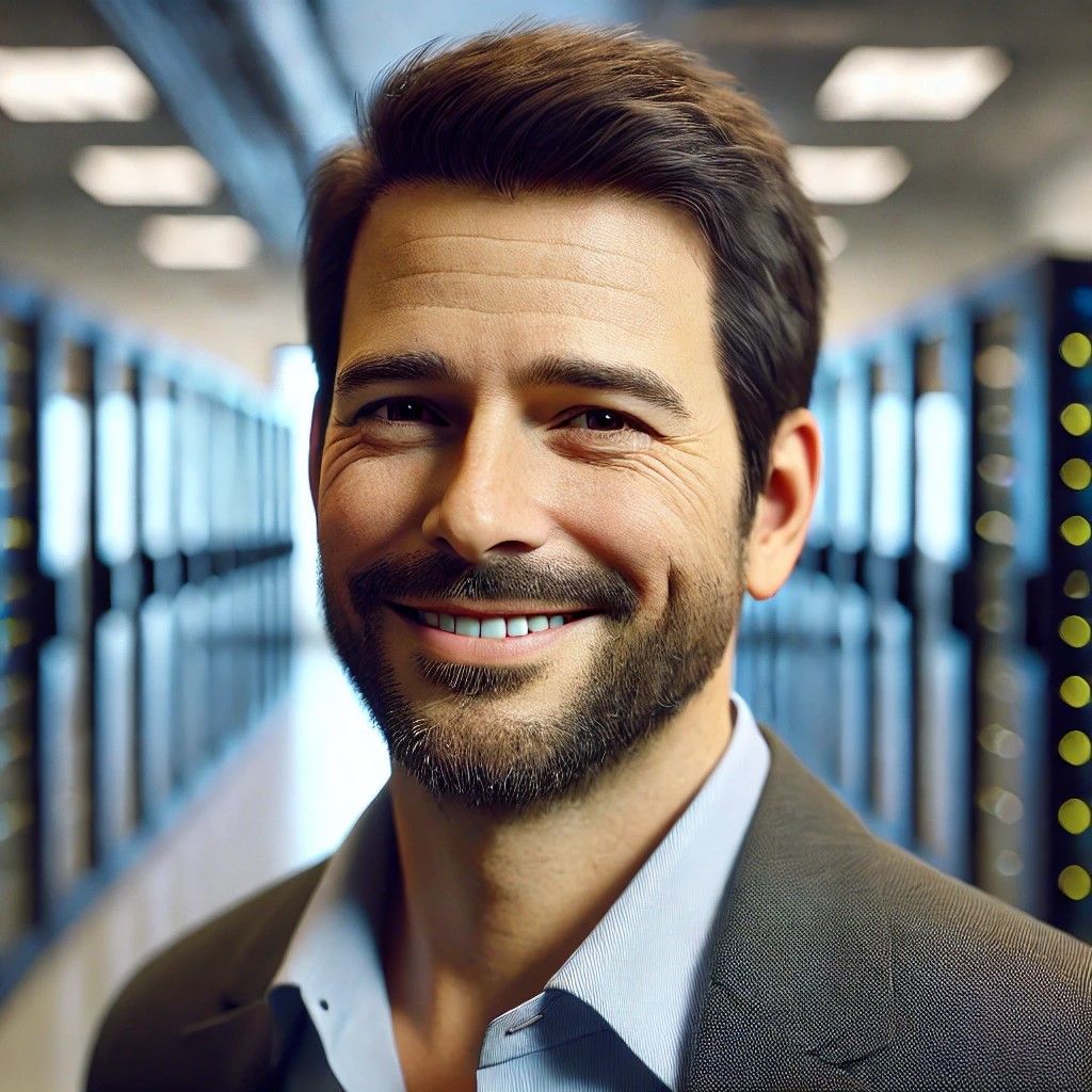 Smiling woman in a lab coat with test tubes and flasks blurred in the background.