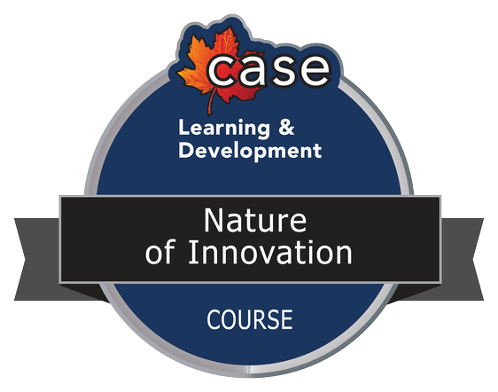 The digital badge for the Nature of Innovation course. A circle with CASE’s logo, a red maple leaf, at the top and the name of the course across a banner in the middle. 