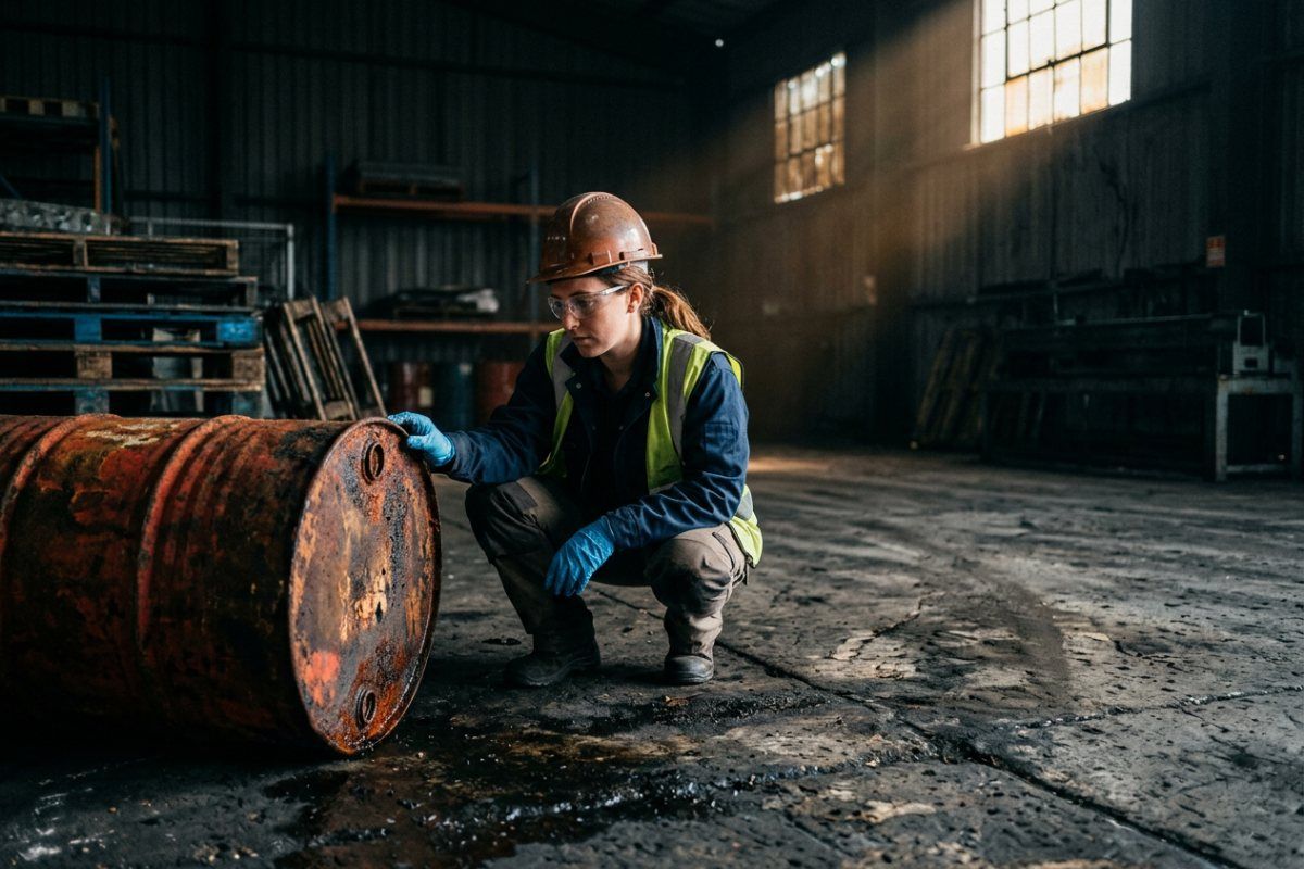 Environmental professional inspecting a rusted drum during Phase 1 ESA site reconnaissance