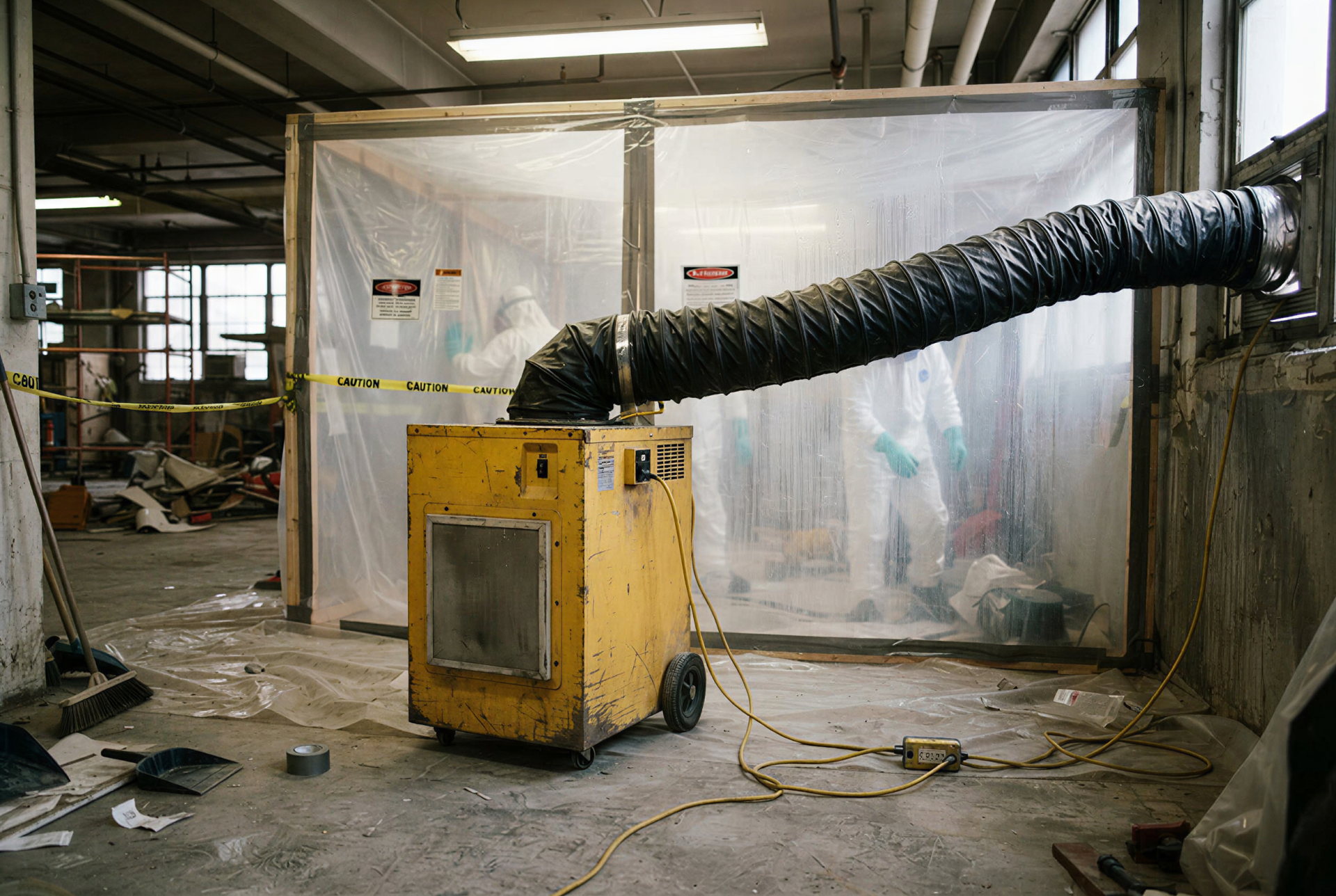 Yellow negative air machine with exhaust duct beside a sealed containment on an abatement site