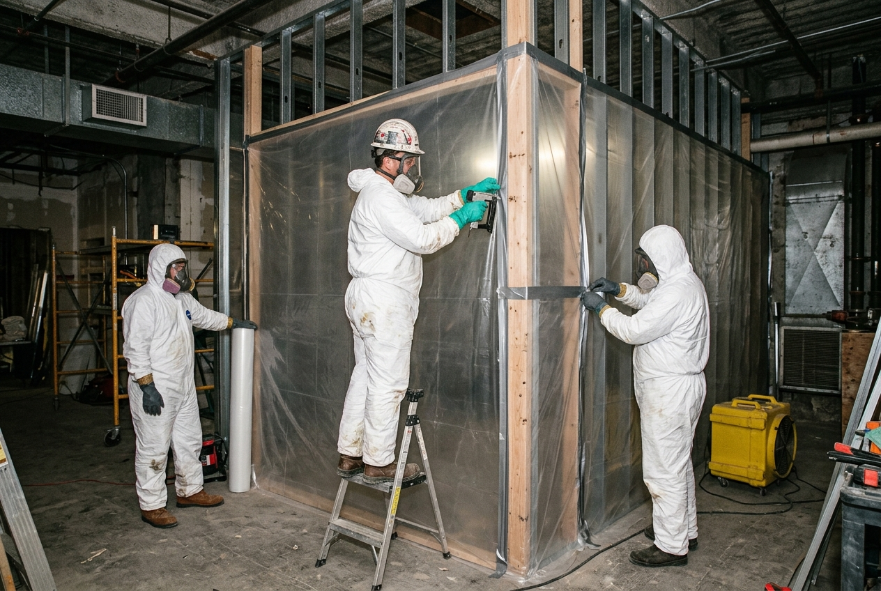 Workers in protective suits building a sealed plastic containment enclosure on a remediation site