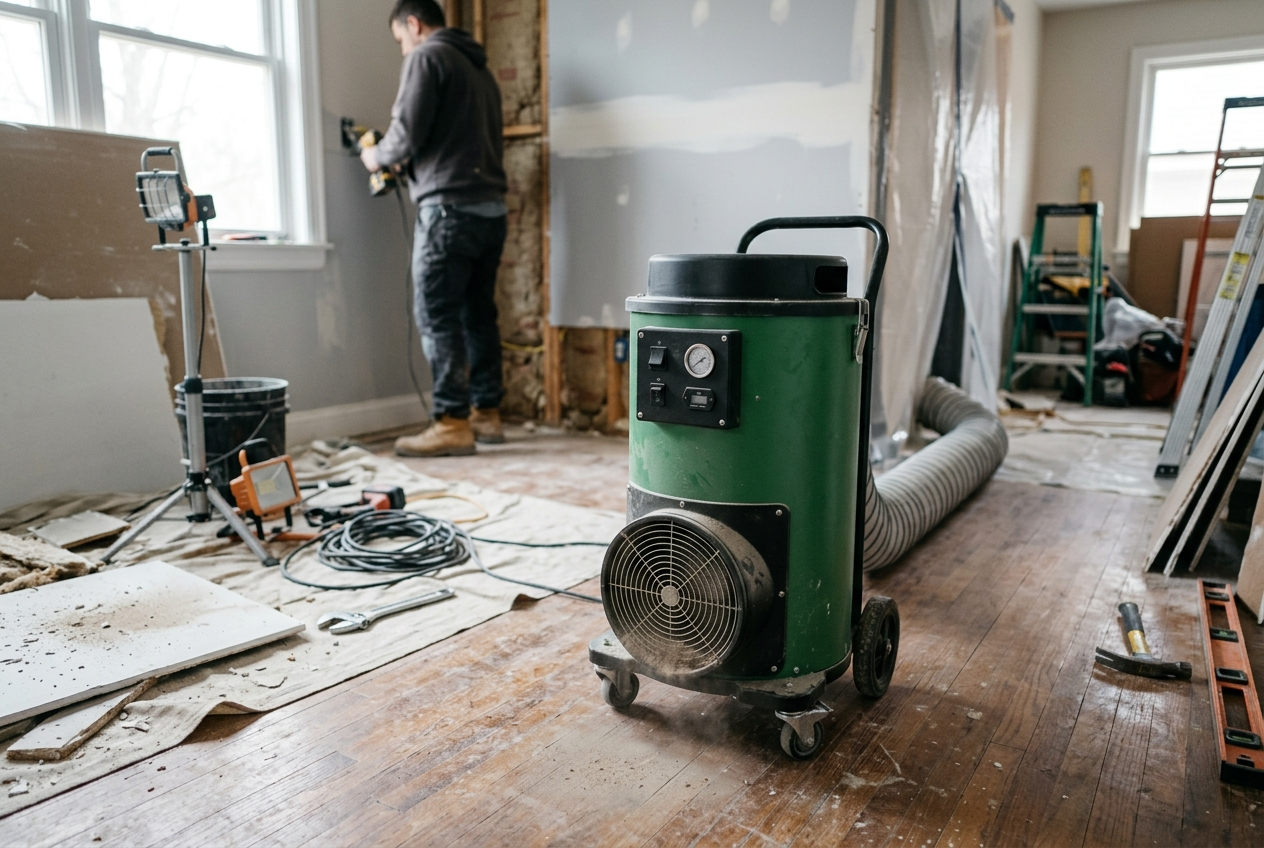 Green HEPA air scrubber recirculating filtered air in a room during a restoration project