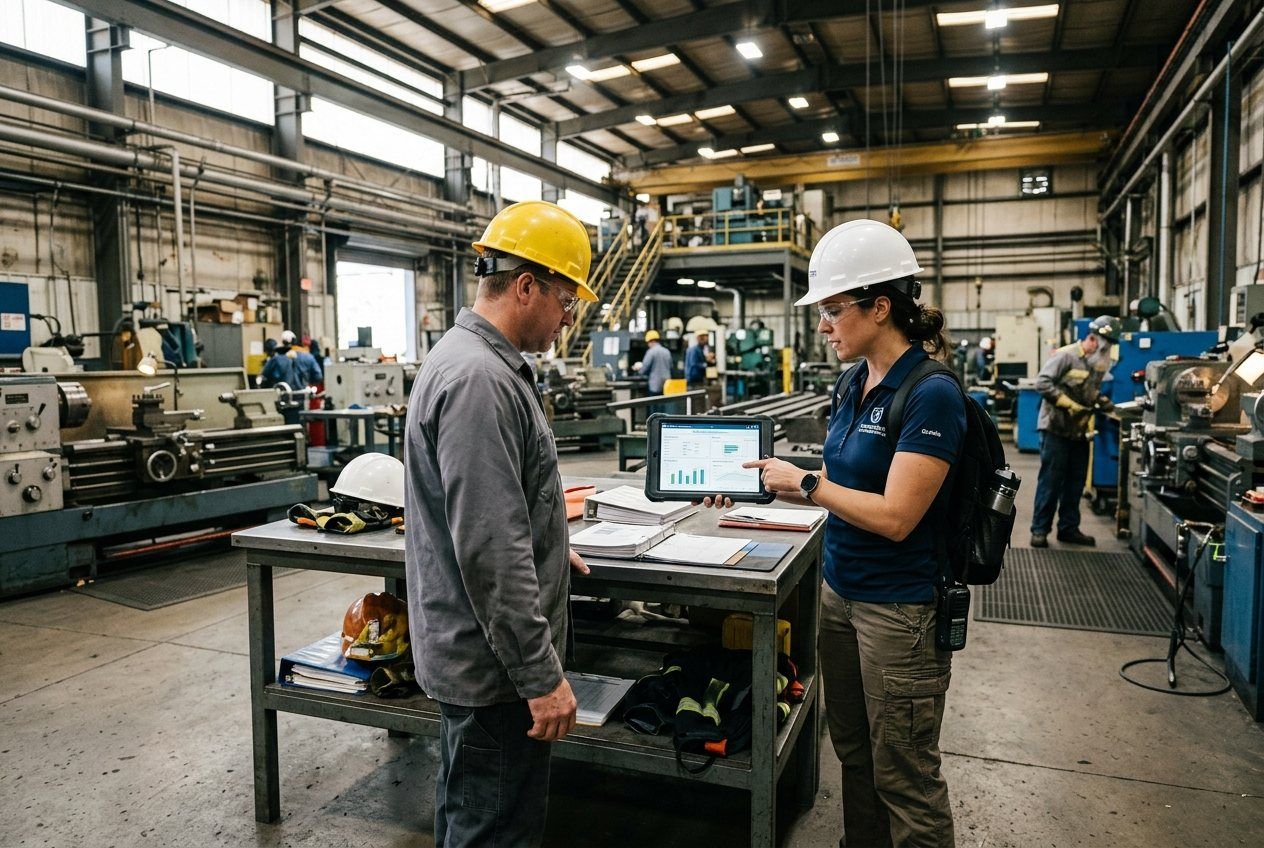 industrial-hygiene-consultant (consultant-1.jpg) Industrial hygiene consultant reviewing exposure monitoring data on a tablet with a facility manager on the shop floor