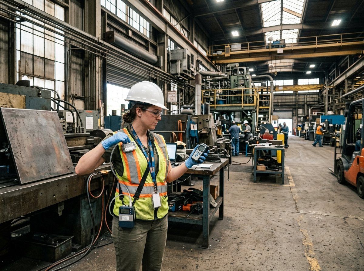 workplace-exposure-assessment (assessment-1.jpg) Industrial hygienist in a hard hat and safety vest measuring airborne exposure levels with monitoring equipment on a manufacturing floor