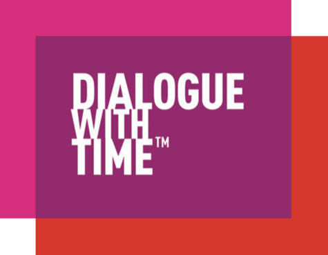 Logo of Dialogue with time in red, pink and purple
