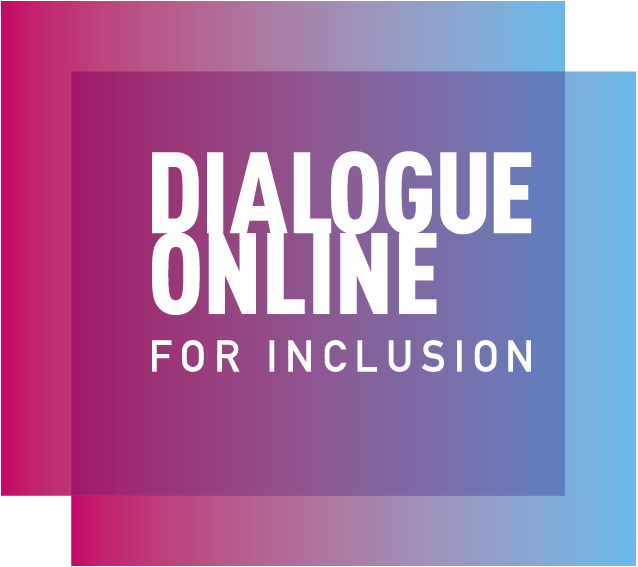 Logo of Dialogue Online in red blue with fade in