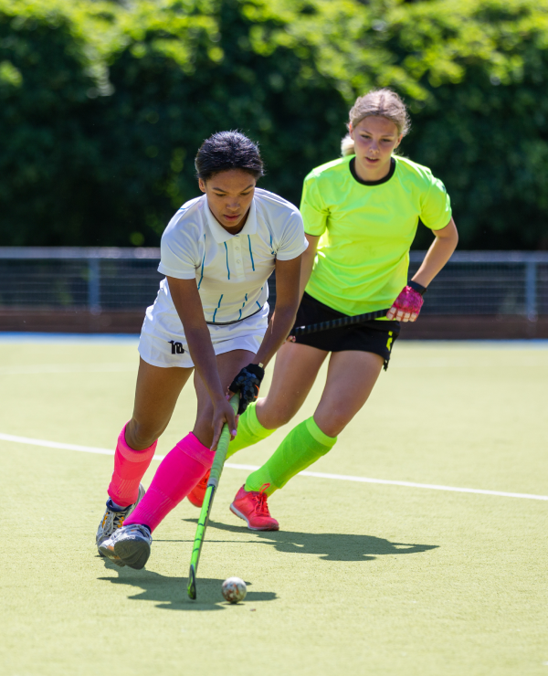 Two female field hockey players fighting for the ball on the pitch in attack.