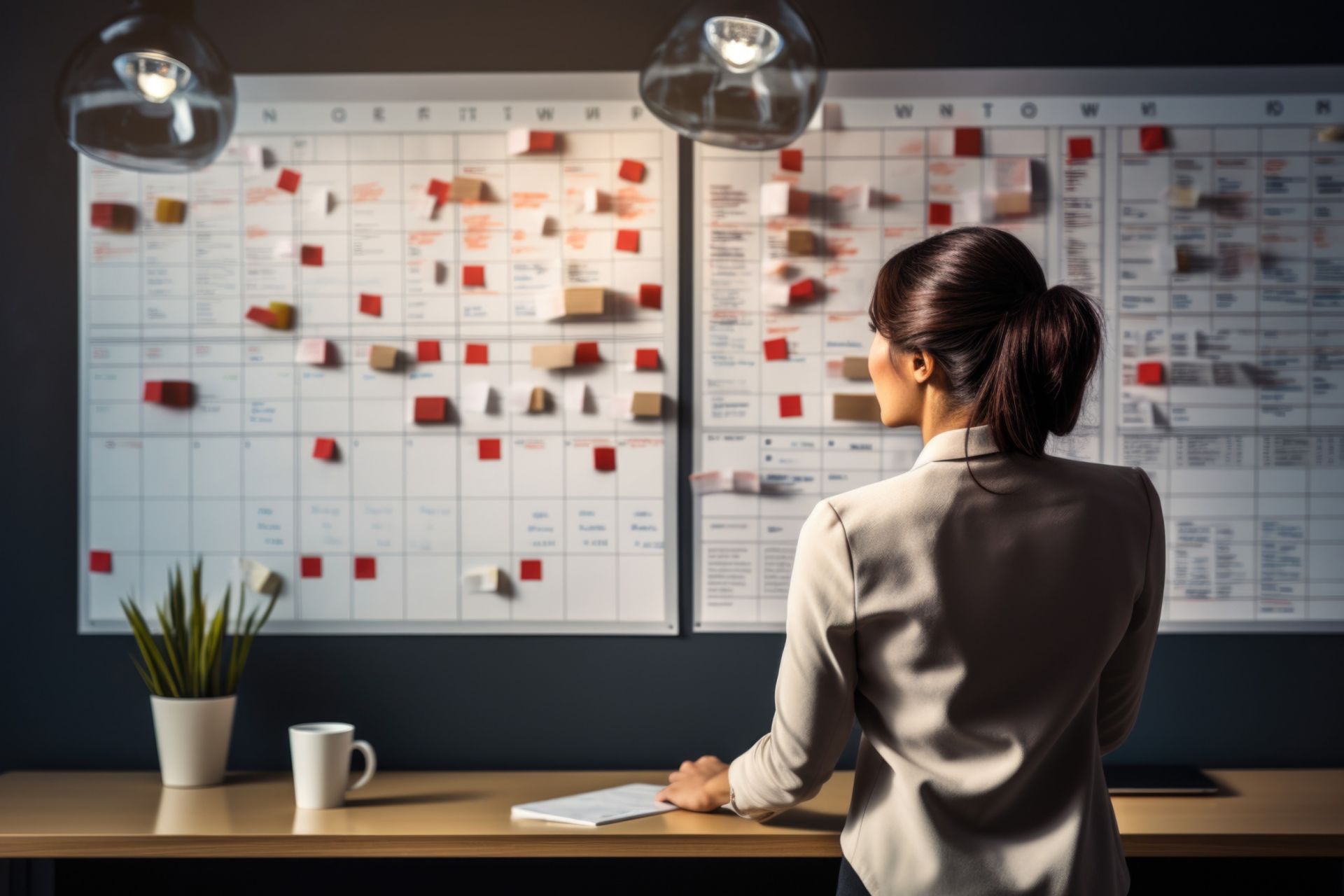 A business woman standing infront of a calender with lots of to do's and dates marked.