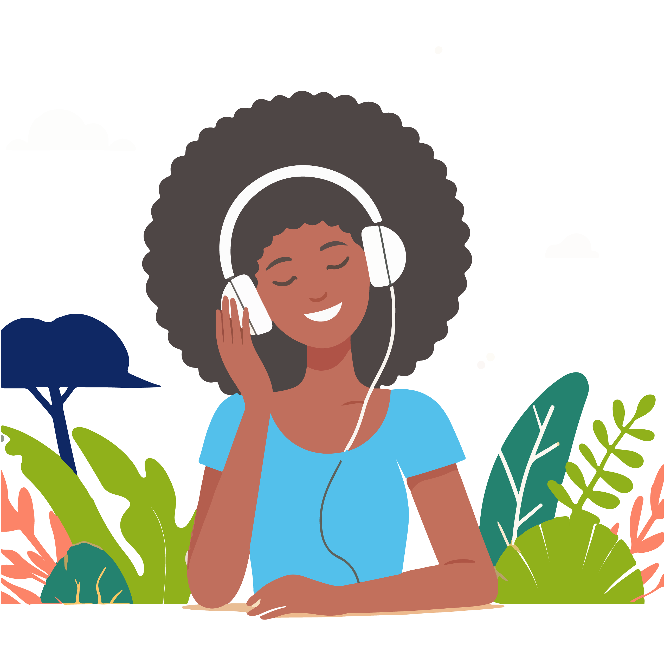  The artwork shows a woman with medium dark skin tone and a curly afro smiling with her eyes closed, wearing white head phones and holding one of the headphones on the side of her head. 