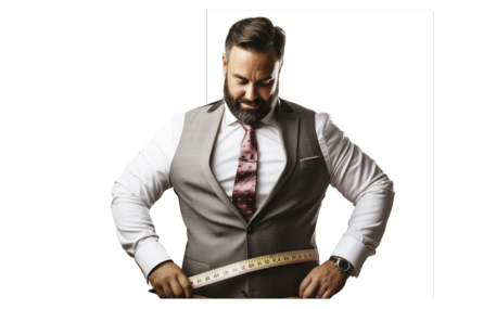 A man in a suit is measuring his waist, suggesting suggesting a tailored compliance course with bespoke logo, content and policy.