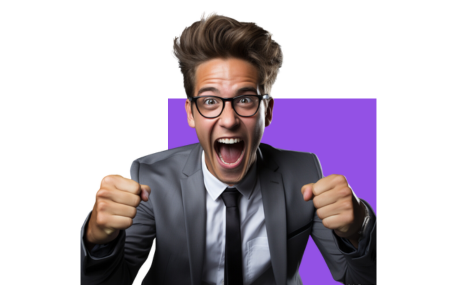 A man, fists raised in excitement, is eager to begin his compliance courses as an EthiX Academy client.