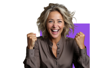 A lady, fists raised in excitement, is eager to begin her compliance courses as an EthiX Academy client.