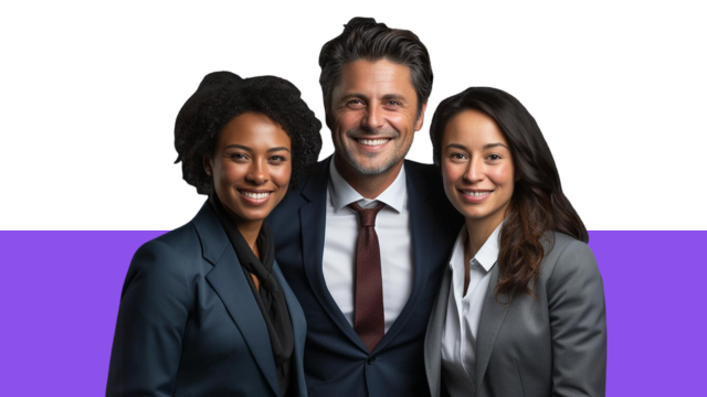 Three business people smiling while participating in ethics and compliance training.