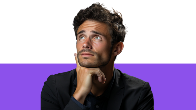A man deep in thought, his hand resting on his chin, representing an innovative mindset fostered by AI in training.