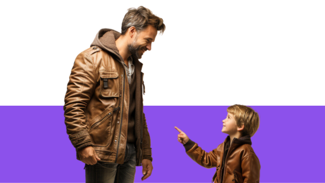 A small boy pointing to his father in a leather jacket, representing continuous growth unlocked by structured ethics and compliance training.