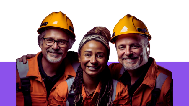 Three construction workers wearing protective equipment, smiling while participating in a health and safety training session.