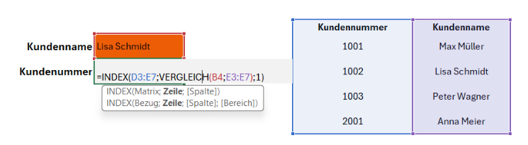 Index und Vergleichsfunktion in einem Beispiel