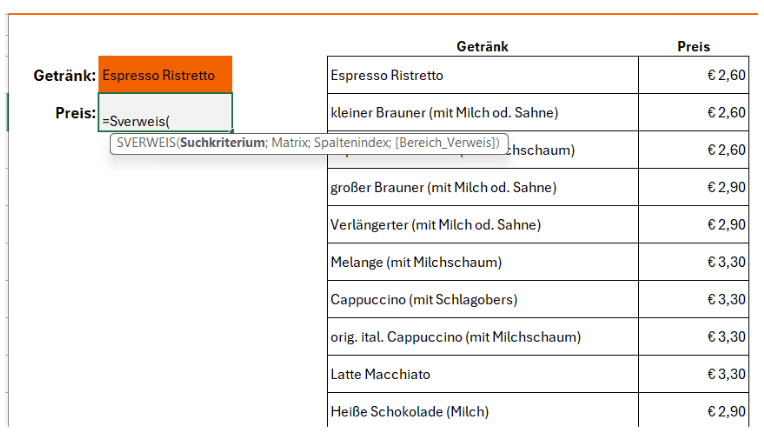 Auflistung der Sverweis Formel anhand eines Beispiels