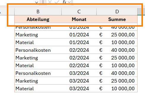 Jede Spalte braucht eine eindeutige Überschrift