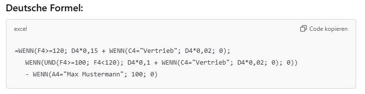 Excel Formel in deutscher Schreibweise