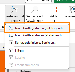 Nach Größe sortieren in Excel