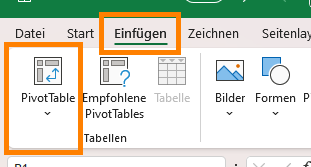 Im Menü Einfügen auswählen und danach PivotTable auswählen
