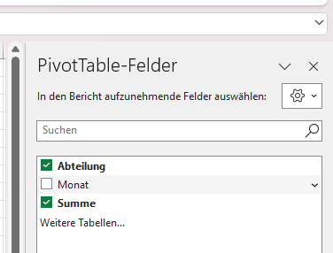 Die PivotTable-Feldliste bietet die Auswahlmöglichkeit für die Daten