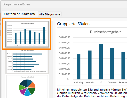 Säulendiagramm im Menü auswählen