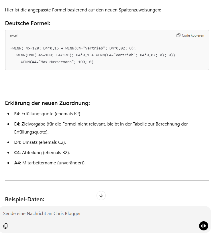 ChatGPT Oberfläche mit Excel Prompt