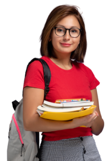 Happy student with glasses, ready for class with books and backpack
