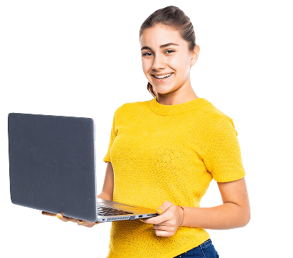 Young woman smiling and holding an open laptop
