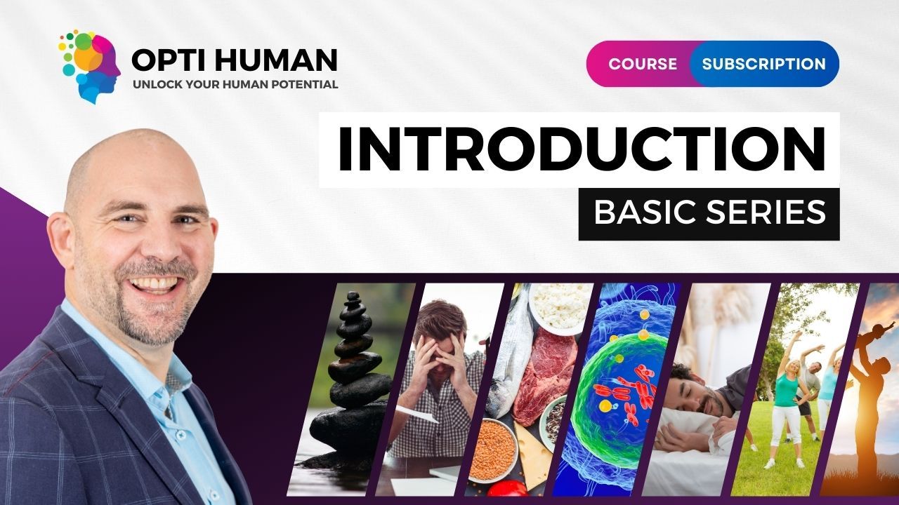 Main promotional graphic for the 'INTRODUCTION BASIC SERIES' by Opti Human, featuring a smiling man in professional attire with hexagonal icons representing different health and wellness themes like meditation, nutrition, exercise, mental stress, and immunity.