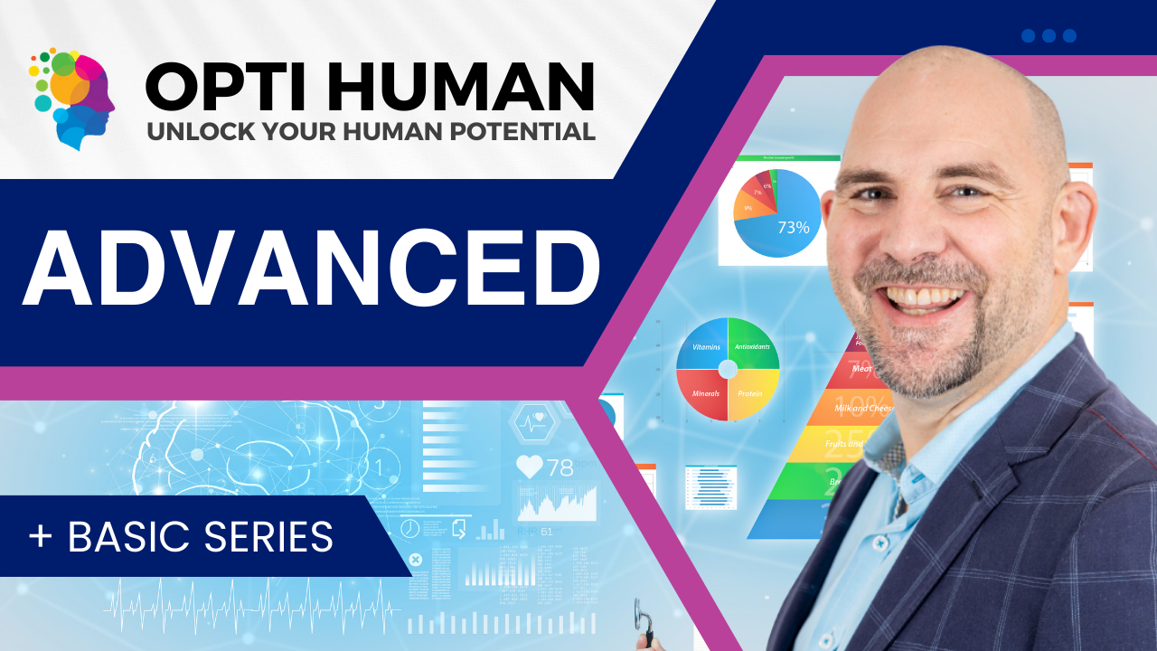 Main promotional graphic for the 'ADVANCED + BASIC SERIES' by Opti Human, featuring a confident man in professional attire with a background of health-related infographics, symbolizing a deeper dive into human potential and wellness.