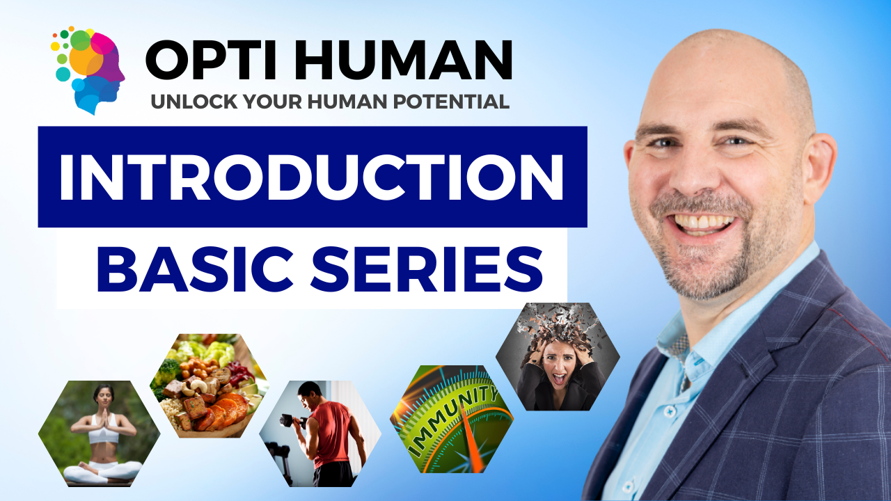 Main promotional graphic for the 'INTRODUCTION BASIC SERIES' by Opti Human, featuring a smiling man in professional attire with hexagonal icons representing different health and wellness themes like meditation, nutrition, exercise, mental stress, and immunity.