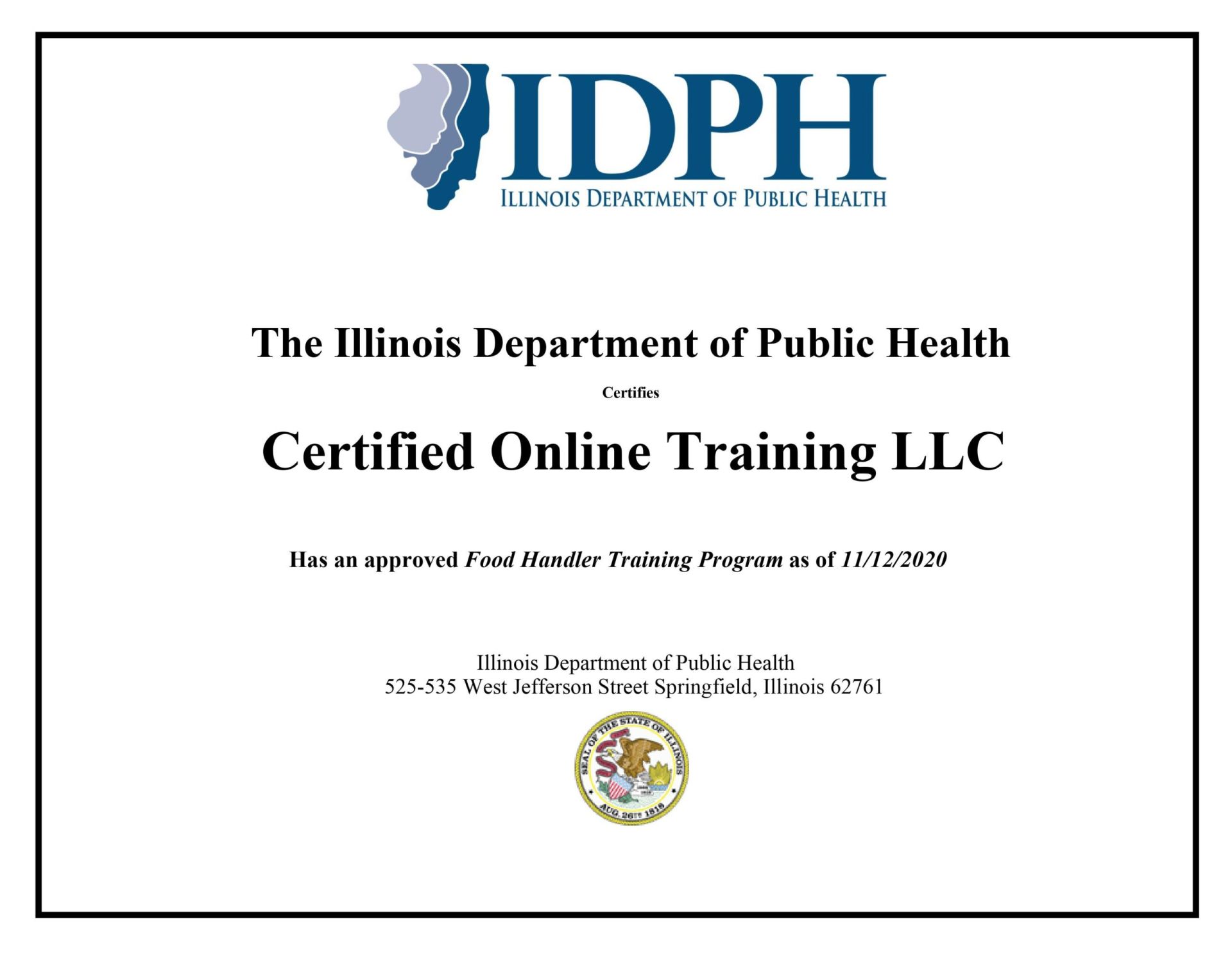 Illinois Department of Public Health (IDPH) Food Handler Training License