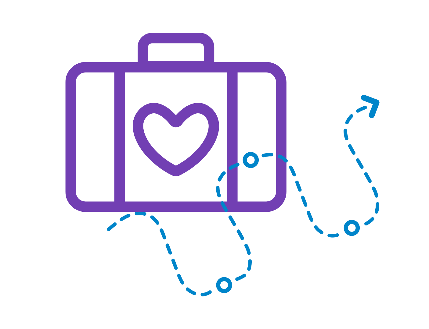 suitcase with a heart and a dotted path