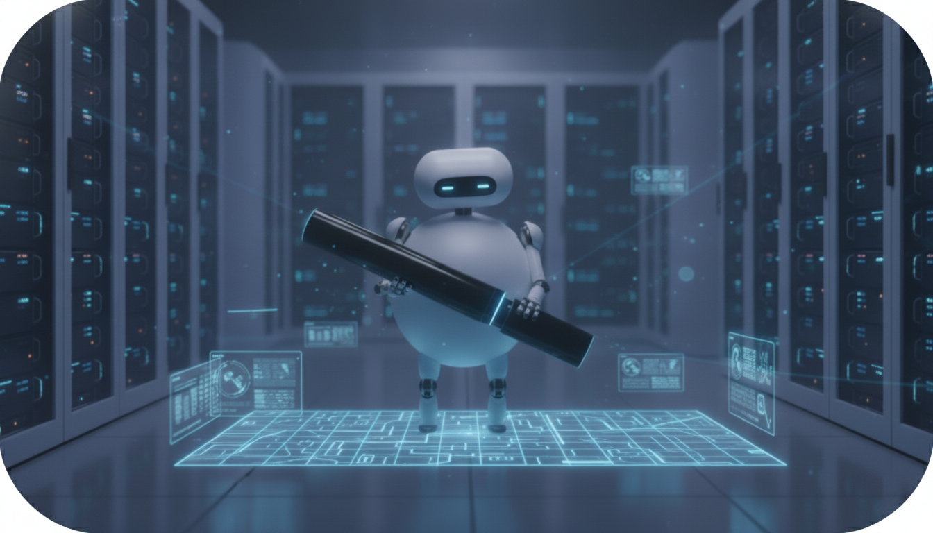 A round robot stands in a futuristic server room, surrounded by glowing holographic data displays.