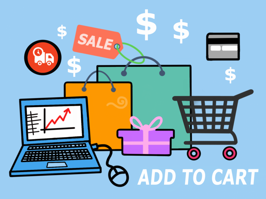 Illustration of online shopping featuring shopping bags, a shopping cart, a laptop displaying a price graph, a gift box, a sale tag, a credit card, and dollar signs. The words "ADD TO CART" appear at the bottom, representing online shopping, deals, and purchasing products.